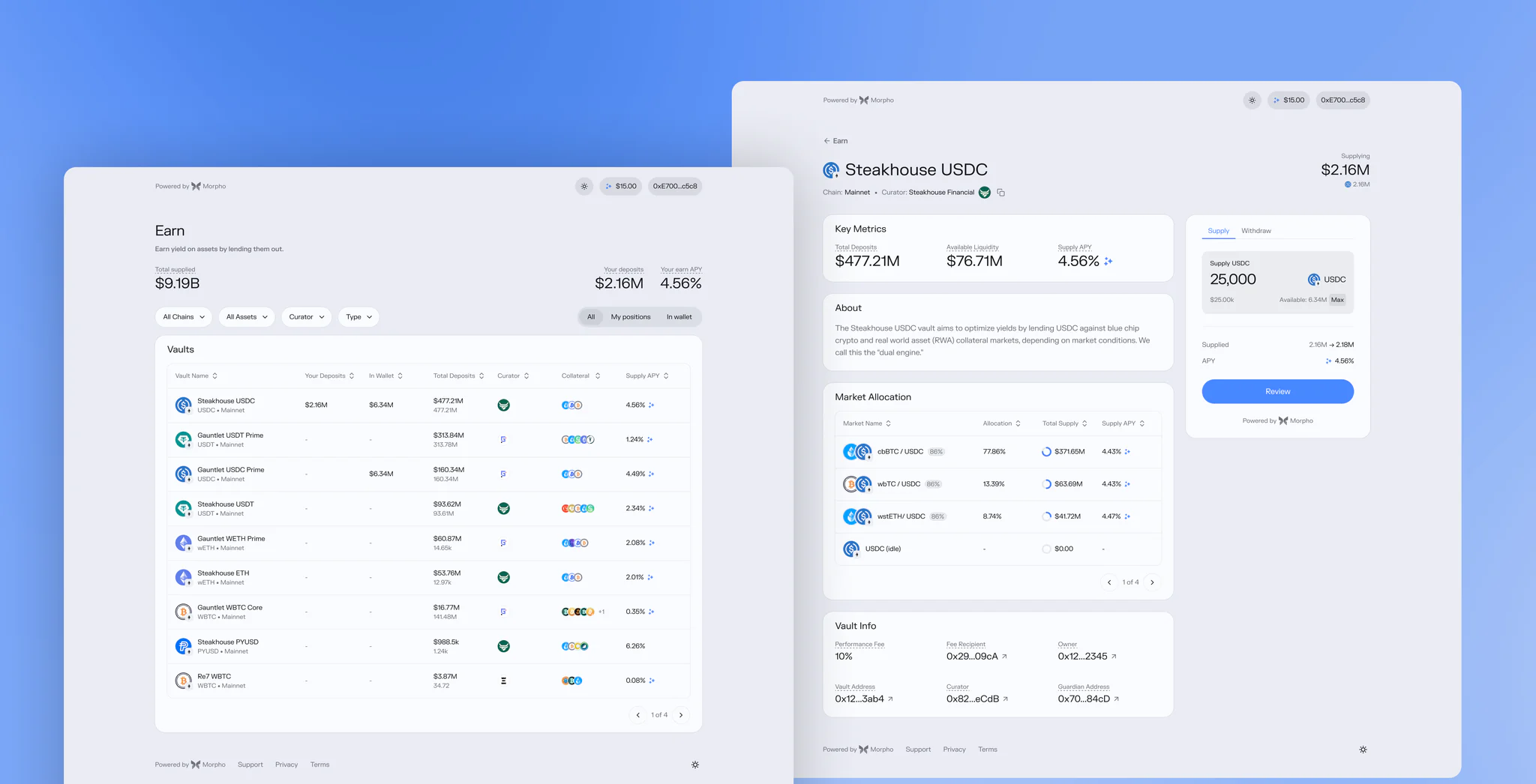 Morpho Blueprint interfaces for earning, vault details, and supplying assets