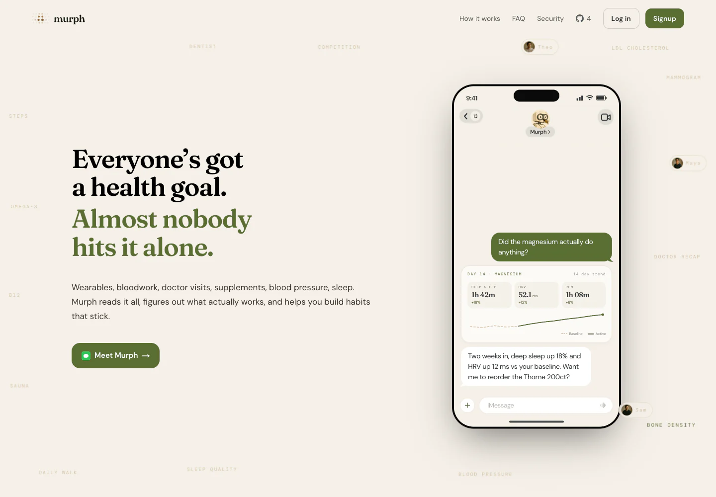 Murph landing page showing the iMessage health assistant